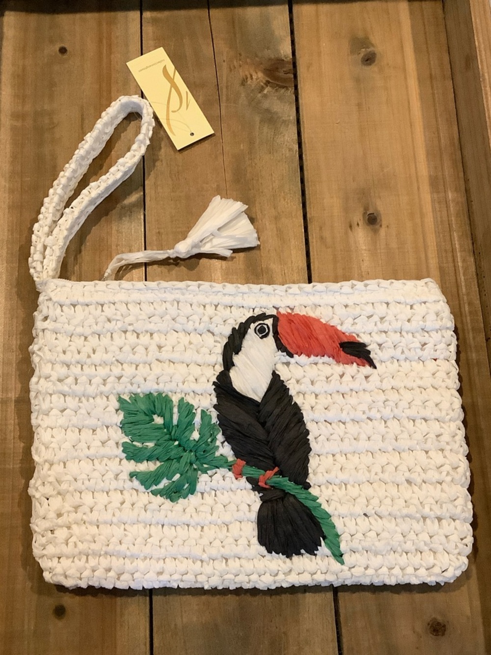 NWT COLLECTIONEIGHTEEN White Paper Straw Toucan Resortwear Vacation Clutch Purse